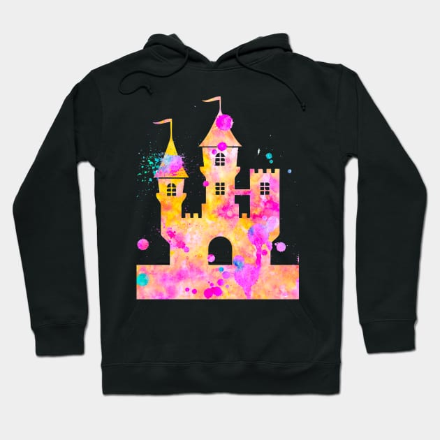 Princess Castle Watercolor Painting Pink Yellow Orange Hoodie by Miao Miao Design